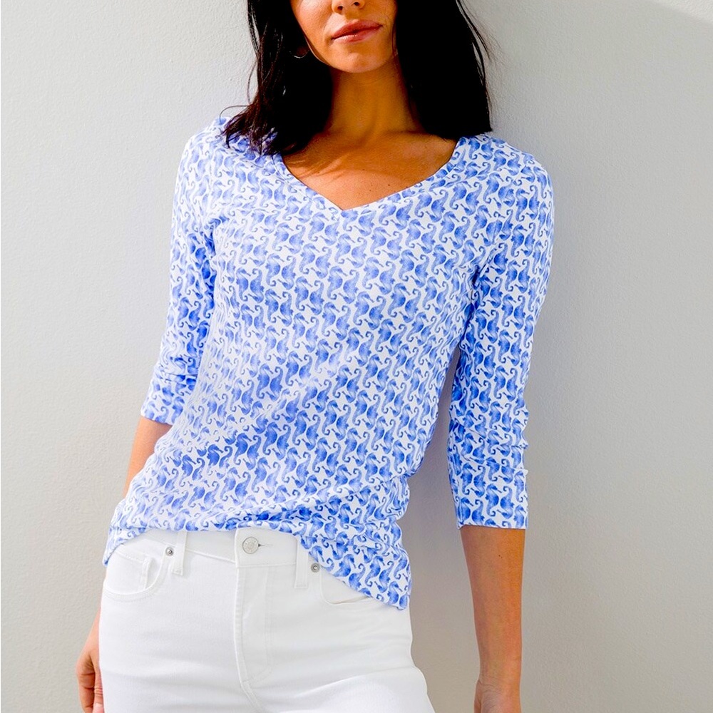 Chico’s Pima Cotton Seahorse Tee in vibrant blue and white. Worn once.